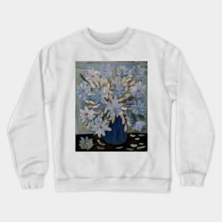 stunning some abstract flowers and silver leaves in a Blue and teal vase and I love the vase in metallic finish on it . Crewneck Sweatshirt